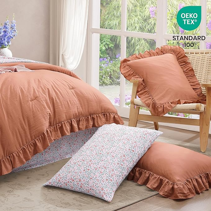 Queen Comforter Set - 7 Pieces Ruffle Autumn Leaf Bedding Sets, Shabby Chic Farmhouse Bed in a Bag Queen with Ruffle Comforter, Floral Sheets, Pillowcases & Shams