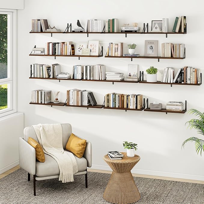 Heimlove Floating Shelves for Wall 24 Inches,8 Inches Deep Wall Bookshelf Mounted Display&Storage Wood Shelves for Kitchen Bathroom Laundry Living Room,Set of 3 (Walnut Color)