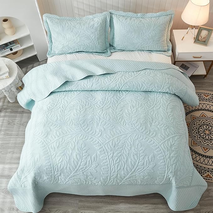 MarCielo 3-Piece 100% Cotton Oversized Bedspread Lightweight Quilt Coverlet Embroidery Farmhouse Bedding Set T0 (Aruba Blue, Oversized King (118"x106"))