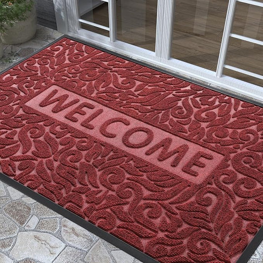 Yimobra Welcome Front Door Mat Outdoor, Heavy Duty Sturdy Non Slip Doormats, Rubber Backing, Low-Profile Entrance Rugs, Absorbent Resist Dirt, Easy Clean Patio Garage Floor Mats, 60X36 Inch, Wine Red