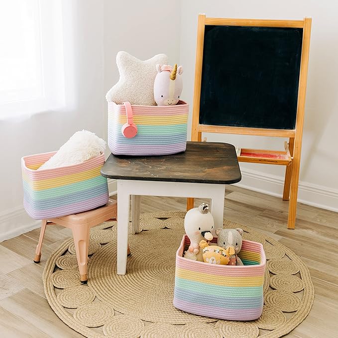 OrganiHaus Rope Rainbow Storage Baskets for Shelves | Rainbow Baskets for Pastel Classroom Decor | Baby Basket for Pastel Room Decor | Pastel Rainbow Storage Bins Colorful Baskets for Baby Room