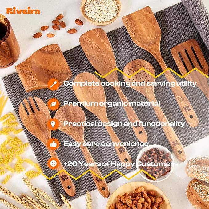 Riveira Walnut Wooden Spoons for Cooking Set of 9 – Natural Walnut Wooden Cooking Utensils, Wooden Spatula, Wooden Spoon - Premium Quality Wooden Utensil Set for Non-Toxic Cooking