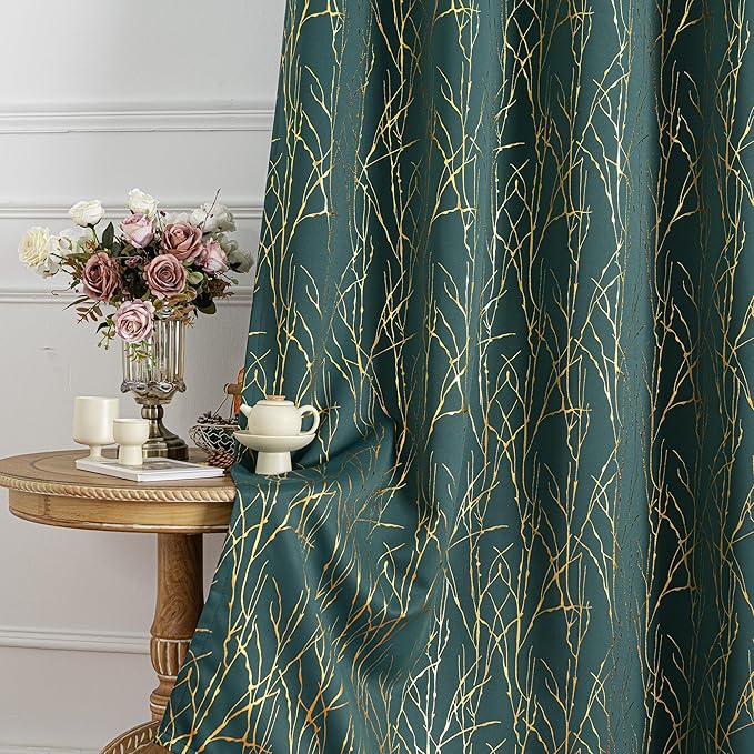 Grommets Blackout Long Window Curtains Green Gold-52W*108L 2PCS Drapes for Bedroom