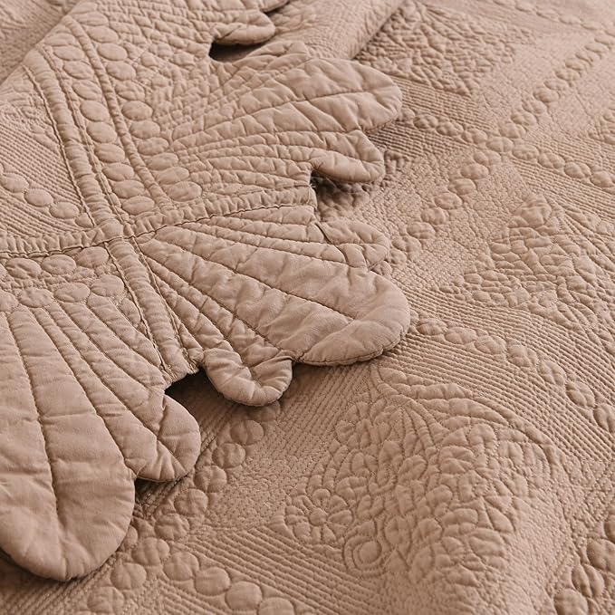 MarCielo 3-Piece 100% Cotton Oversized Bedspread Lightweight Quilt Coverlet Embroidery Farmhouse Bedding Set (TK Pale Taupe Camel, Oversized Queen (100"x106"))