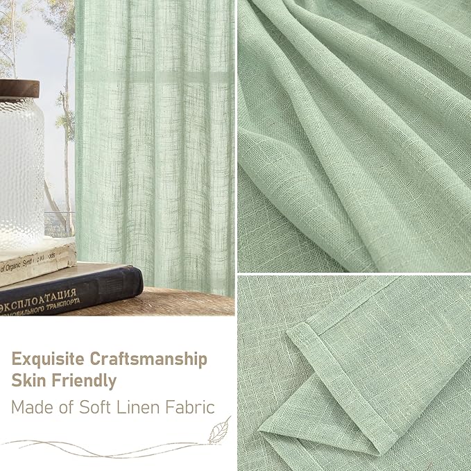 LAMIT Linen Curtains for Living Room 84 inch Length 2 Panels, Light Filtering Semi Sheer Panels Bronze Grommet Farmhouse Drapes for Bedroom/Sliding Glass Door, Fresh Green, 52 x 84 Inch