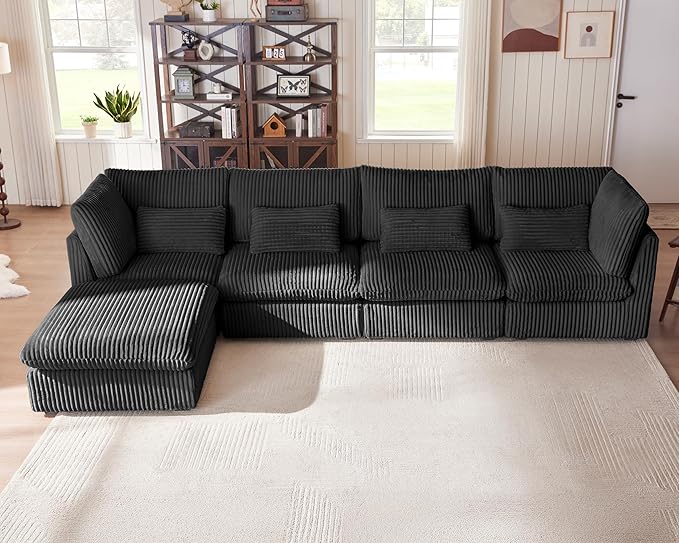 Oversized Modular Sofa, Extra Deep Cloud Corduroy Sectional Couch with Ottoman Chaise, Fluffy Corduroy 5 Seater Sofa Bed for Living Room, Villa (L Shape 5 Seater, Corduroy Black)