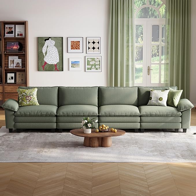 LINSY HOME Oversized Modular Sectional Sofa - 157'' Corduroy Cloud Couch Deep Seat Modular Sofas Soft Modern Comfy Couches for Living Room Apartment Office, Green