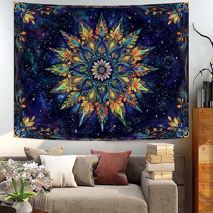 Fowocu Boho Floral Mandala Tapestry for Bedroom Aesthetic Blue Bohemian Colorful Flower Wall Tapestry Purple Hippie Indian Small Tapestries Wall Hanging for Living Room Dorm Decor 40 x 30 Inch