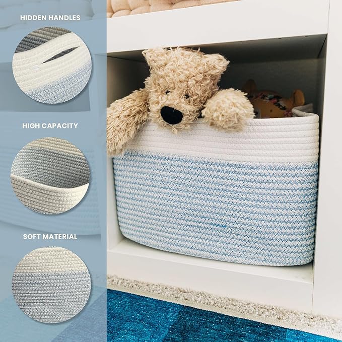 OrganiHaus Woven Storage Baskets for Organizing, Cotton Rope Organizer Bins for Shelves, Closet & Nursery, Dog Toy Basket, Decorative Bins for Toys, Towels & Books - 15x10x9, Blue/Off-White