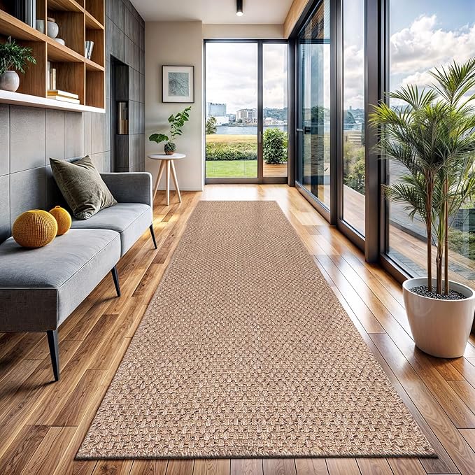 CAMILSON Indoor and Outdoor Runner Rug Natural Solid Boho Woven Design Easy-Cleaning Non Shedding Farmhouse Living Room Bedroom Garden Patio and Kitchen Washable Outside Carpet Alfombras (2x7)