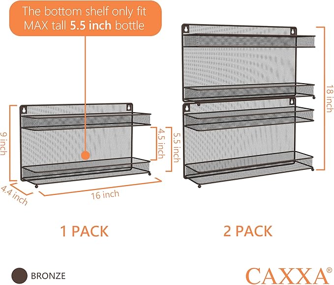 CAXXA 2 PK 2 Tier Mesh Kitchen Counter-top or Wall Mount Spice Rack Jars Storage Organizer, Bronze