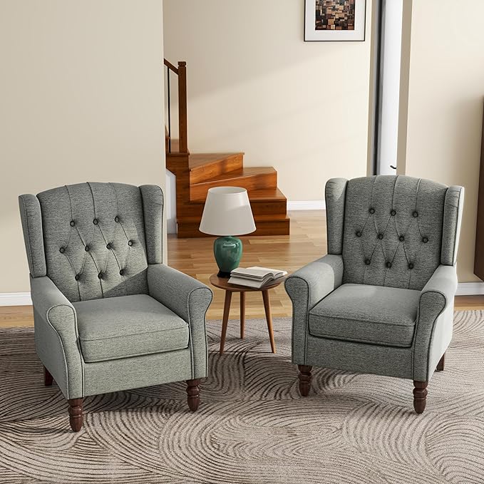 UIXE High Back Accent Chairs Set of 2, Upholstered Armchair in Fabric, Retro Wingback Arm Chair for Living Room, Comfy Single Sofa Bedroom Reading Seat with Solid Wood Legs - Dark Gray