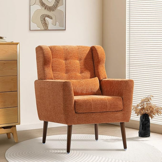 Modern Accent Chair, Upholstered Armchair with Pillow, Fabric Single Sofa Chair with Lounge Seat and Wood Legs Accent Chair for Living Room Bedroom Small Spaces (Orange, Set of 1)