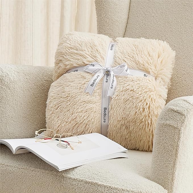Bedsure GentleSoft Fluffy Beige Blankets Queen Size for Bed, Thick Sherpa Faux Fur Fleece Fuzzy Plush Winter Warm Heavy Soft Queen Blankets, Bedroom Decor Beige Gifts Cozy Gifts for Women Men, 90x90