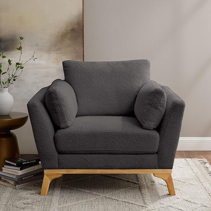 Large-Sized Accent Chair, Thick Cushion Bedroom Reading Chair, Comfortable Living Room Single Sofa, Boucle Dark Gray