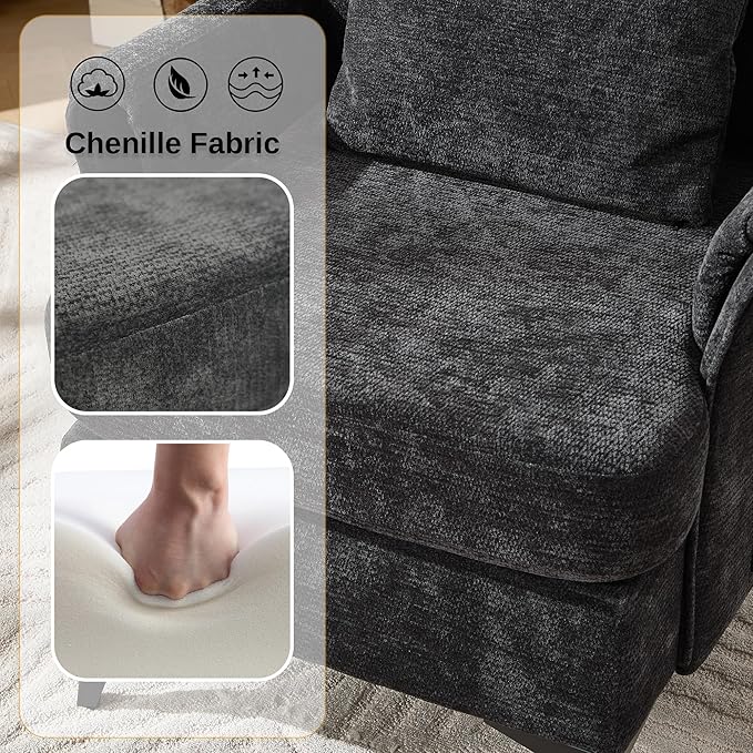 KCC Mid-Century Accent Chairs Set of 2,Chenille Modern Upholstered Single Sofa,Cozy Armchair with Back for Bedroom/Office/Cafe,Black