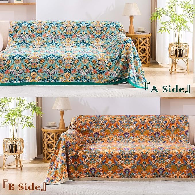 Boho Blanket Throw Quilt, 100% Cotton Soft Light Weight Throw Blankets for Summer, 50"x60" Farmhouse Flower Decorative Blankets, All Season Rustic Reversible Bohemian Throw Quilt
