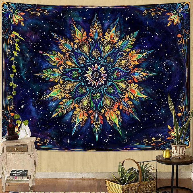 Fowocu Boho Floral Mandala Tapestry for Bedroom Aesthetic Blue Bohemian Colorful Flower Wall Tapestry Purple Hippie Indian Small Tapestries Wall Hanging for Living Room Dorm Decor 40 x 30 Inch