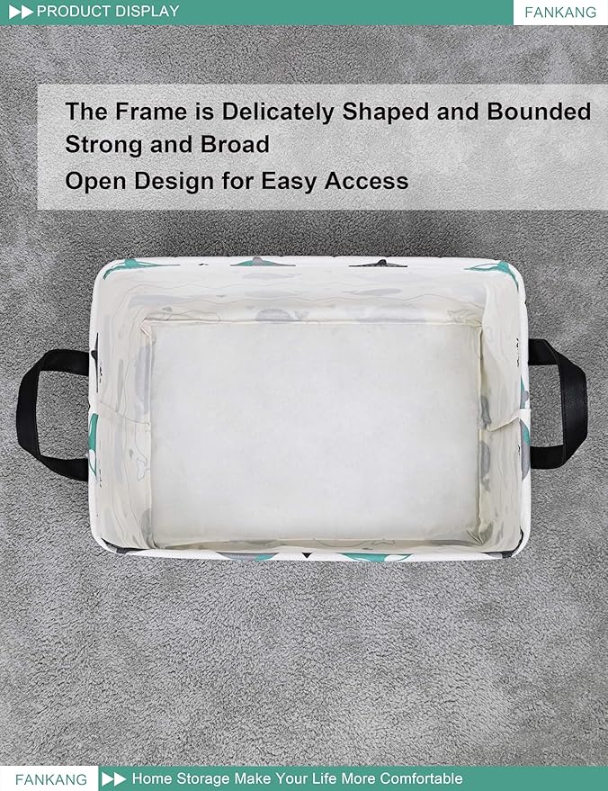 FANKANG Storage Bins, Nursery Hamper Canvas Laundry Basket Foldable with Waterproof PE Coating Large Storage Baskets for Kids Boys and Girls, Office, Bedroom, Clothes,Toys(Rec-whales )