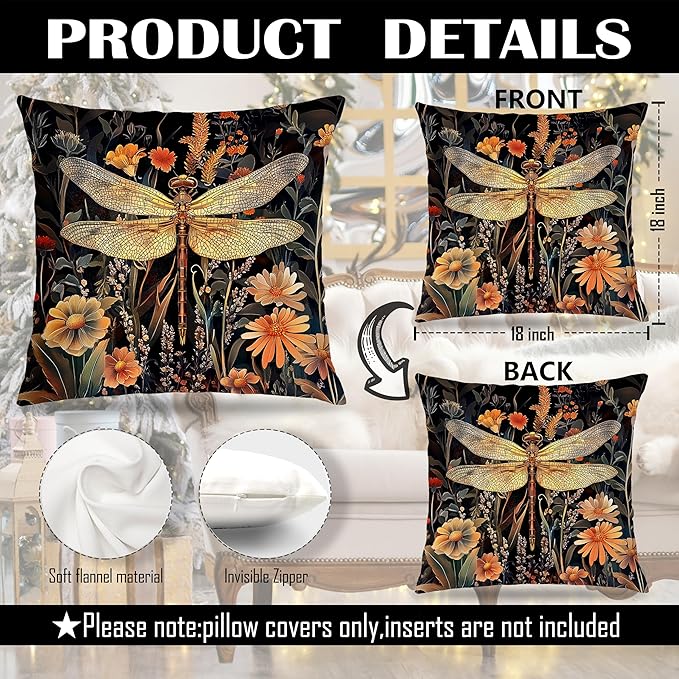 William Morris Inspired Dragonfly Bee Pillow Covers 18x18 Double-Sided Set of 4,Insect Gifts for Women,Vintage Dark Cottagecore Floral Botanical Insects Decorative Throw Pillow Covers for Home