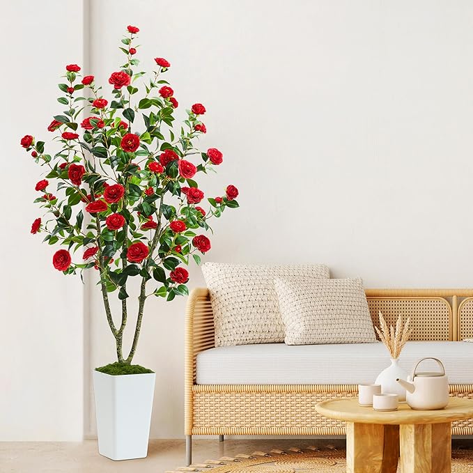 Artificial Camellia Tree 6FT Faux Trees Indoor Fake Floral Plant Blooming Tree with Red Flowers & White Tall Planter, Faux Camellia Plants for Porch Home Room Bedroom Office Front Door Outdoor Decor