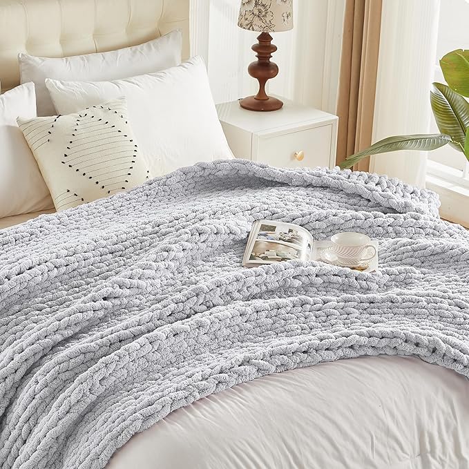 Carriediosa Chunky Knit Throw Blanket 50" X 60", 100% Hand Made Large Chenille Loop Yarn Soft Fluffy Throws for Couch Sofa Bed, Big Crochet Cozy Heavy Thick Cable Woven Blanket, Grey