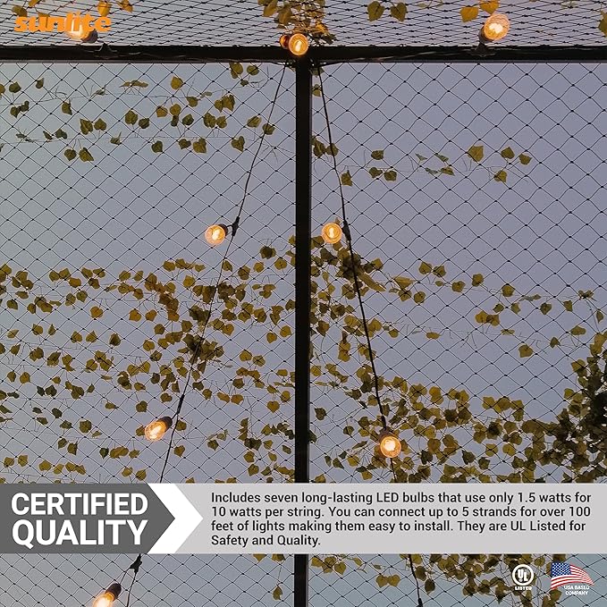 Sunlite 80571 24ft Outdoor String Lights, 1.5W Commercial Grade, Waterproof, Linkable Strands, UL Listed, 7 Hanging Sockets, Shatterproof LED Edison Bulbs Included, 2700K Warm White