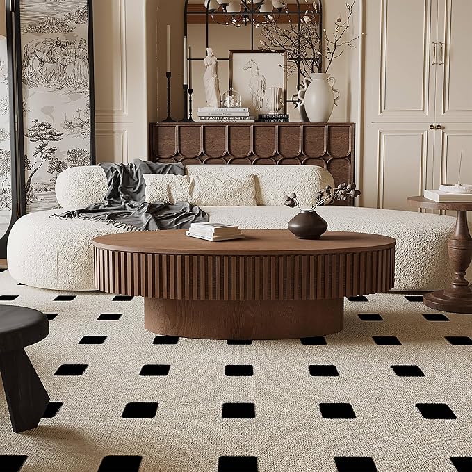 47.2''Oval Coffee Table with Storage, Mid Century Modern Fluted Drum Center Tables with Lid, Solid Wood Side Pedestal Coffee Table Tea Table for Living Room, Bedroom, Apartment-Walnut