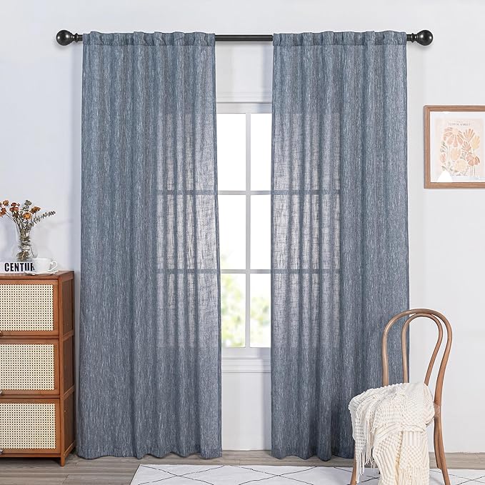 MYSKY HOME Floor Length Bedroom Curtains 90 Inch Long Panels, Boho Curtains Farmhouse for Living Room Sliding Glass Door, Linen Look Texture Light Filtering Rod Pocket, 50" x 90", Dusty Blue, Pack-2