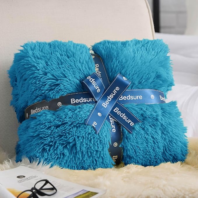 Bedsure GentleSoft Fuzzy Sherpa Faux Fur Twin Blanket Bright Blue Cozy Gifts for Women Men, Soft Fleece Plush Warm Minky Thick Blanket Twin Size for Bed, Blue Room Decor Dorm Essentials Gifts, 60x80