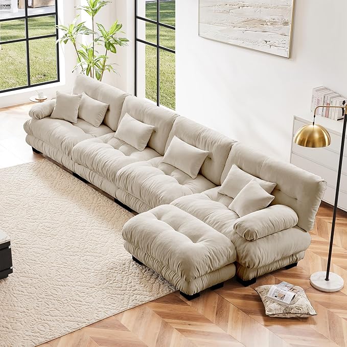 L Shaped Couch Sectional Couch, 4-Seater Cloud Couch Sectional Oversized Couch, Sofa Bed Couch with Round Bolster Armrests 6 Pillows, Modular Couch Home Sofa Living Room Couch