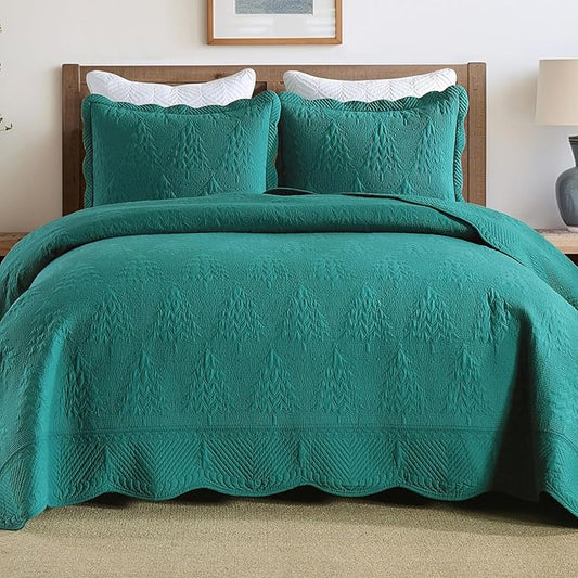 MarCielo 3-Piece Christmas Quilt 100% Cotton Oversized Bedspread Lightweight Coverlet Embroidery Christmas Tree Pattern Bedding Set(TC Emerald, Oversized Queen (100"x106"))