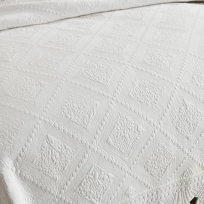 MarCielo 3-Piece 100% Cotton Oversized Bedspread Lightweight Quilt Coverlet Embroidery Farmhouse Bedding Set (TK White, Oversized Queen (100"x106"))