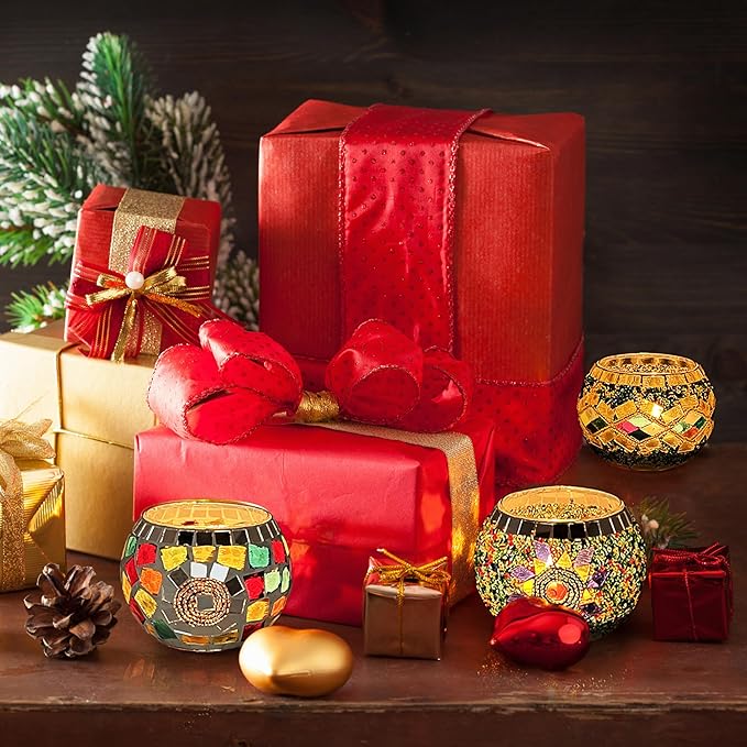 SHMILMH Glass Candle Holder Set of 4, Diwali Gift Votive Candle Holders Handmade Mosaic Glass Tealight Holders Diwali Christmas Table Decorations for Home