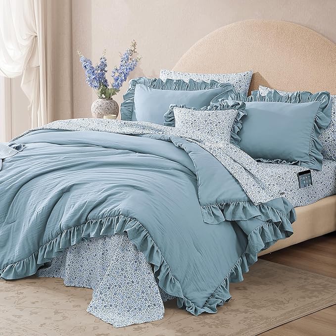 King Comforter Set - 7 Pieces Ruffle Blue Bedding Sets, Shabby Chic Farmhouse Bed in a Bag King with Ruffle Comforter, Floral Sheets, Pillowcases & Shams
