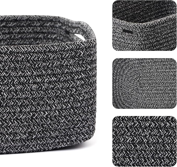 Small Storage Baskets for Organizing | Closet Organizer Bins | Shelf Toy Basket | Woven Rope Baskets | Cube Decorative Box | Shallow Basket | 13x8.5x5.1” | 4 Packs Dark Gray