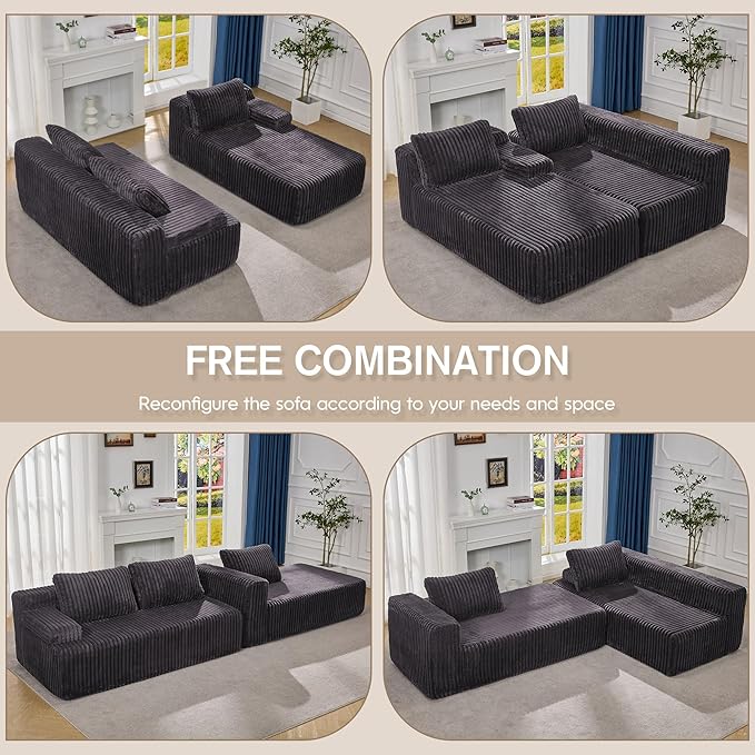 Hobestluk Modular Sectional Sofa Couches 108" L-Shape Couch 3 Seat Modular Sofa Memory Foam Sectional Couches for Living Room, Boneless Couch with Oversized Chaise (Grey, Right Facing)