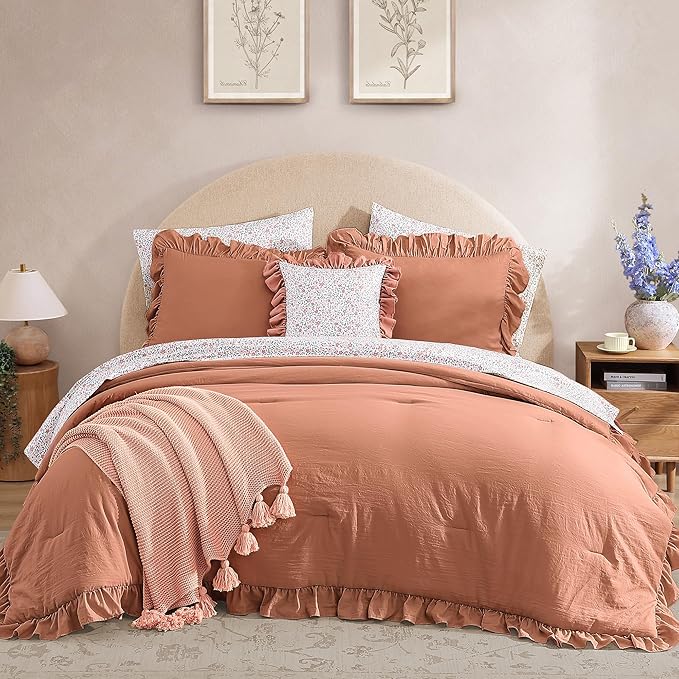 King Comforter Set - 7 Pieces Ruffle Autumn Leaf Bedding Sets, Shabby Chic Farmhouse Bed in a Bag King with Ruffle Comforter, Floral Sheets, Pillowcases & Shams