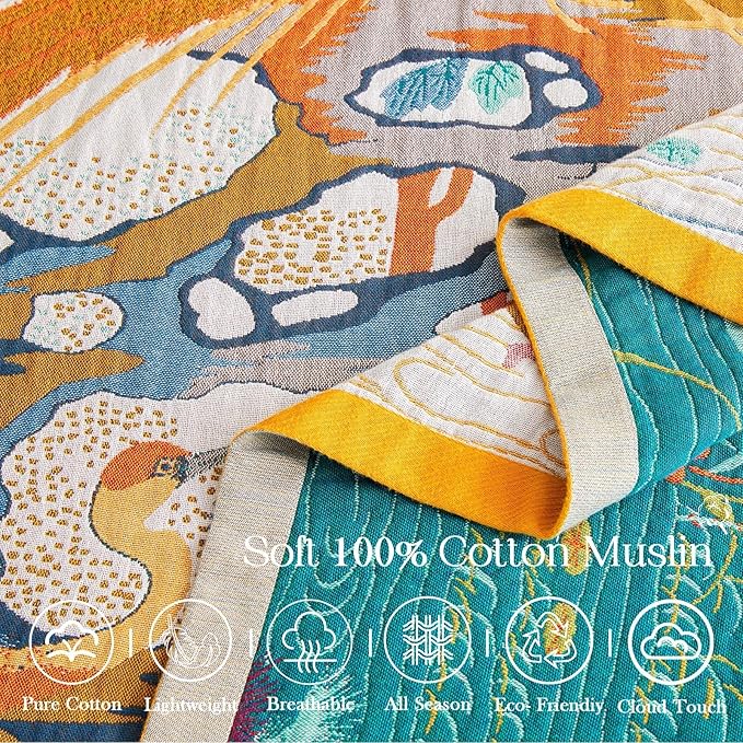 Fall Throw Blanket for Couch, Yellow Boho Decorative Throw Blanket, 100% Cotton Muslin Breathable Woven Farmhouse Blankets Quilt, 50"x60" Reversible Lightweight Blankets Bohemian Throw Quilt