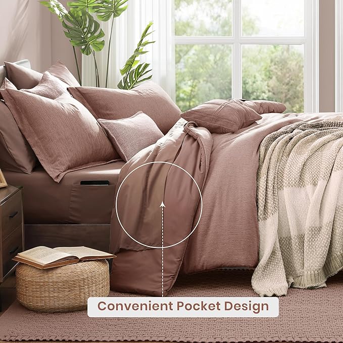 Monbix Queen Comforter Set - 7 Pieces Dusty Pink Cationic Dyeing Bed in a Bag Queen Bedding Sets with Sheets, Pillowcases & Shams, Reversible Bedding Comforters