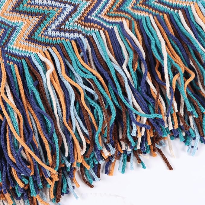 Boho Throw Blanket - Bohemian Fringe Tassels, for Bed Couch Soft ChairBlanket Double Sided (50"x70") (Blue)