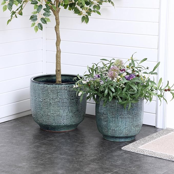 LuxenHome 15.5" Dia Large Ceramic Pots for Plants, Modern Green Glazed Planters for Outdoor Plants, Round Indoor Flower Pots with Drainage Hole and Rubber Plug for Home Garden Patio