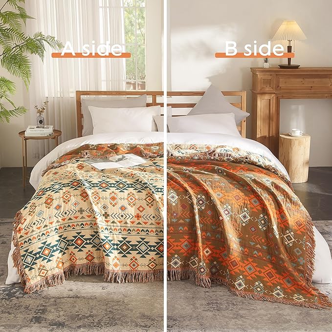 Boho Throw Blanket for Bed 60”x80”, 100% Cotton Woven Blanket for Couch Sofa, Ultra Soft 4-Layer Muslin Quilt with Diamond Pattern, Farmhouse Bed Blanket/Cover for Living Room Decor