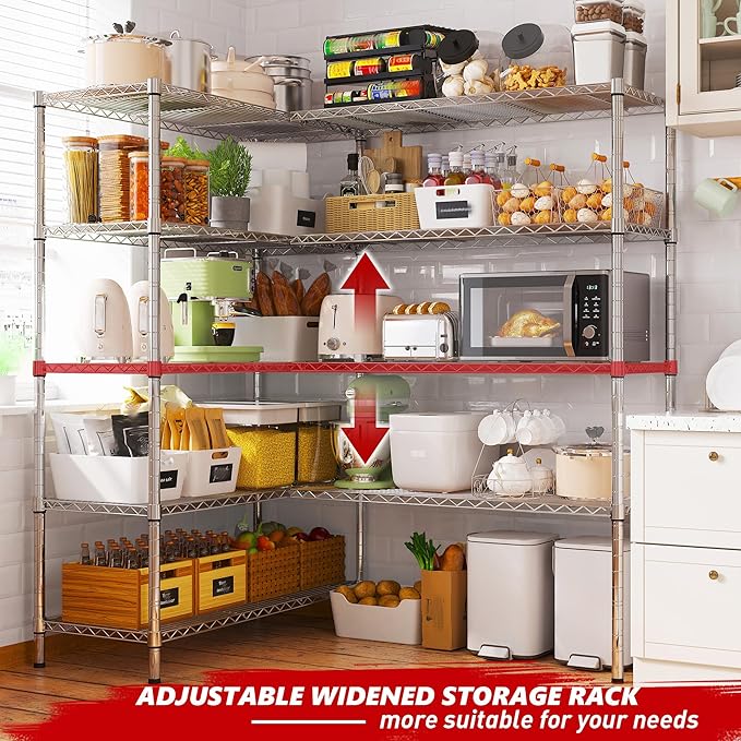 REIBII 58" W 5 Tier Heavy Duty Wire Shelving Unit with Adjustable Shelves - 1400LB Metal, Chrome - 58" W x 59" H x 13.8" D - Garage, Pantry, Kitchen