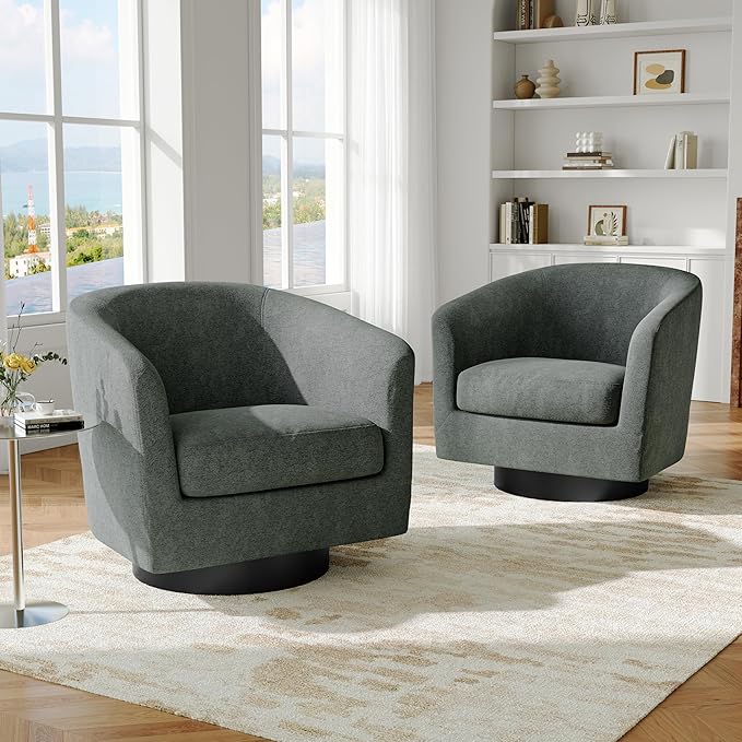 Swivel Barrel Accent Chair, Modern Round Chenille Fabric Arm Chair for Living Room, Bedroom, Comfy Club Reading Chairs for Adults(Chenille Fabric, Grey, Set of 2