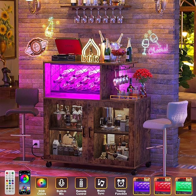 Wine Bar Cabinet with Wheels, Small Liquor Cabinet with LED Light, Home Bar Cart with Power Outlets, Coffee Bar with Wine Rack, Glasses Storage for Kitchen, Dining Room, Living Room, Vintage