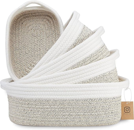 NaturalCozy 5-Piece Rectangle Storage Basket Set- Natural Cotton Rope Woven Baskets for Organizing! Small Basket for Montessori, Baby Nursery, Dog Toy Baskets, Cat Toy Box, Bathroom Organization Bin