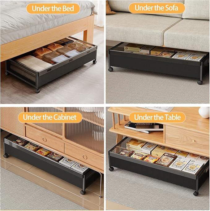 Under Bed Storage Containers with Wheels, 2 Pack Underbed Shoe Storage Organizer with Removable Lids, Large Rolling Under Bed Storage Dresser Drawers for Clothes Toys Shoes Blankets