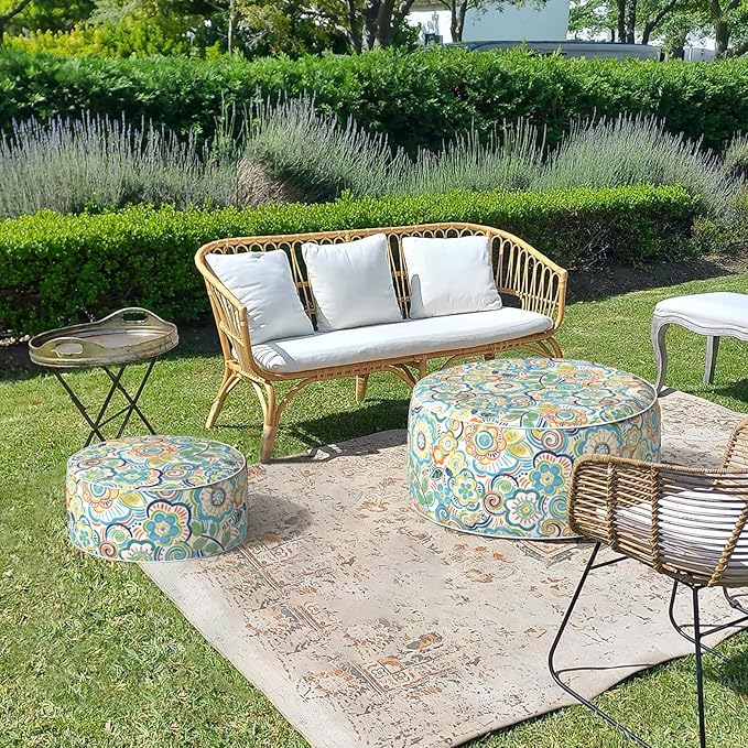 LVTXIII Outdoor/Indoor Inflatable Stool Ottoman, All Weather Patio Footrest Pouf, Portable Round Ottoman for Patio Garden, Camping or Home, D21xH9 Inches, Flower Blue