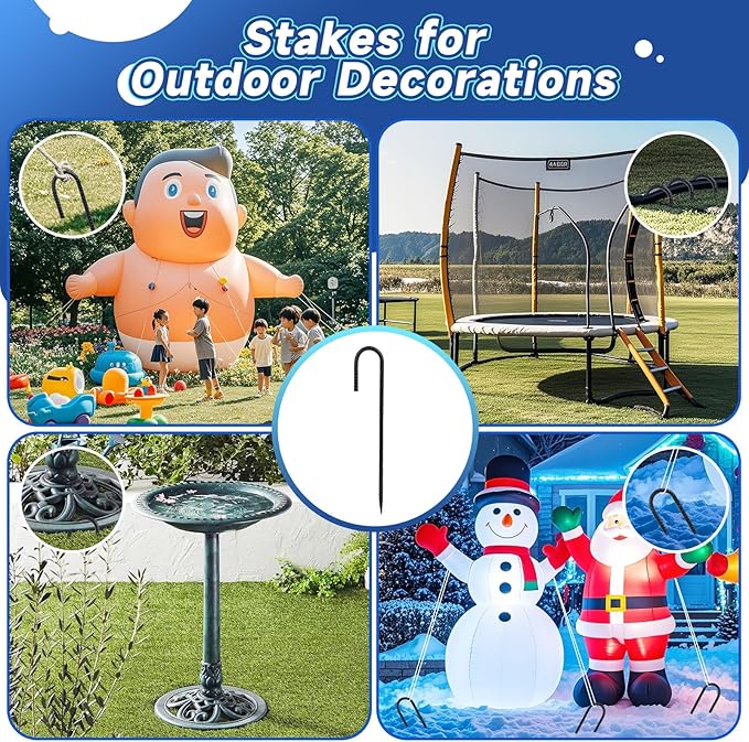 Rebar Stakes 12 inches 34-Pack Ground Stakes Heavy Duty J Hook Tent Stakes for Outdoor Decorations and Inflatables, Metal Yard Stakes for Fencing and Gardening, Gazebo and Swing Set Anchors